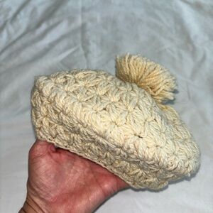 Vintage Knitali Wool Crochet Beret - Cream Cottagecore Boho French Girl Hat